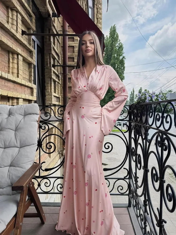 

Elegant Printed Long Dress Women Slim V-neck Full Sleeve Dresses Autumn Lady Party Evening Temperament Robes Vestidos Para Mujer