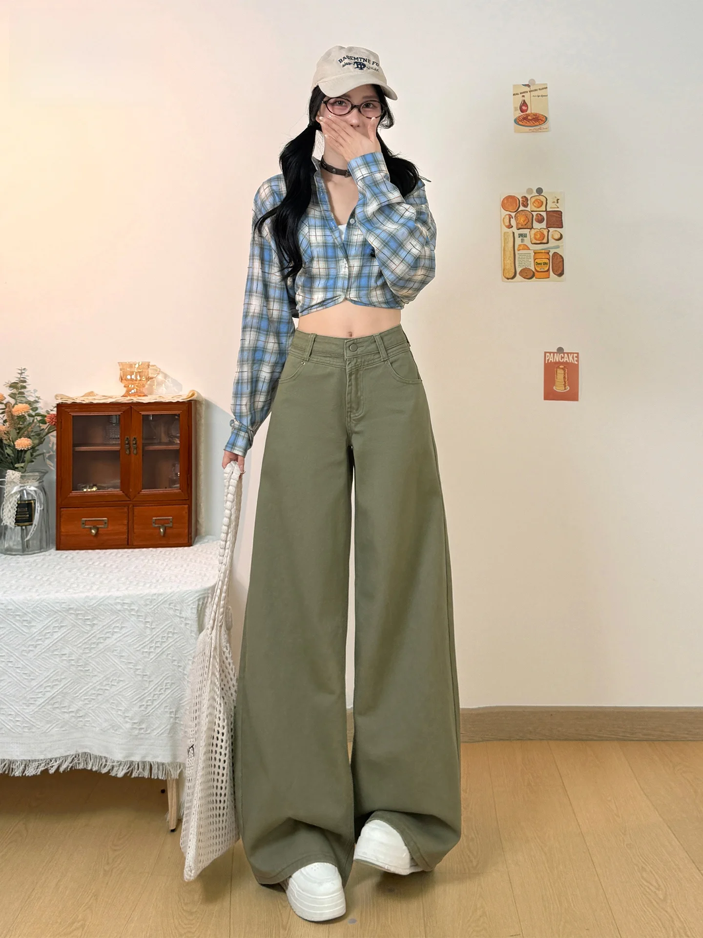 

American Style High Waist Wide Leg Jeans Women's Pink Green Loose Fit Summer Slimming Floor Length Trousers Casual Cotton