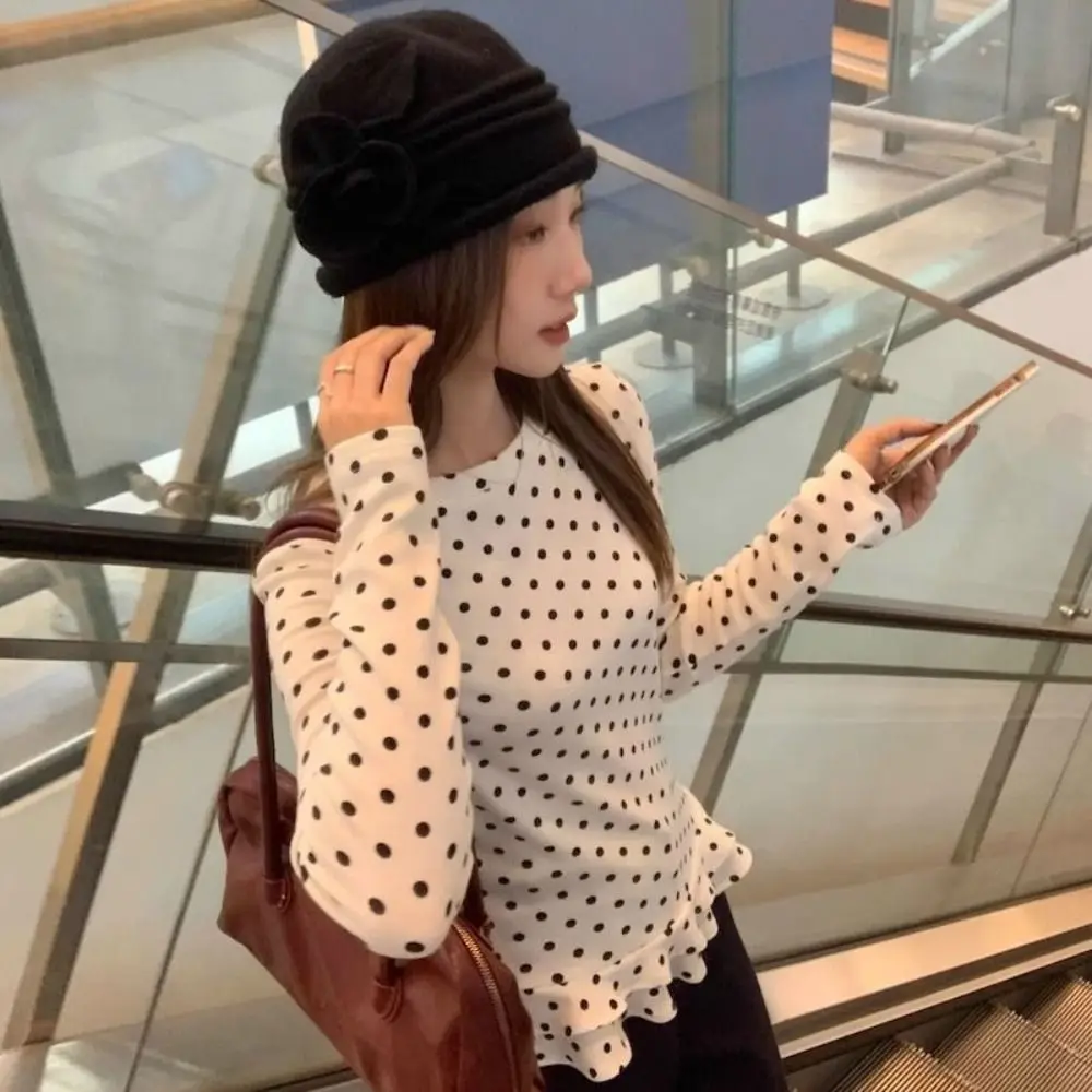 New Ruffle Trim Long Sleeve T-Shirt Polka Dot Sweet Interior Top Thin Layered Blouse