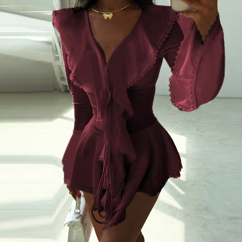 أنيقة الخامس الرقبة Ruch طويلة الأكمام فستان قصير الخريف موضة الراحة عالية الخصر المرقعة سليم Vestidos تاريخ عطلة فستان المرأة