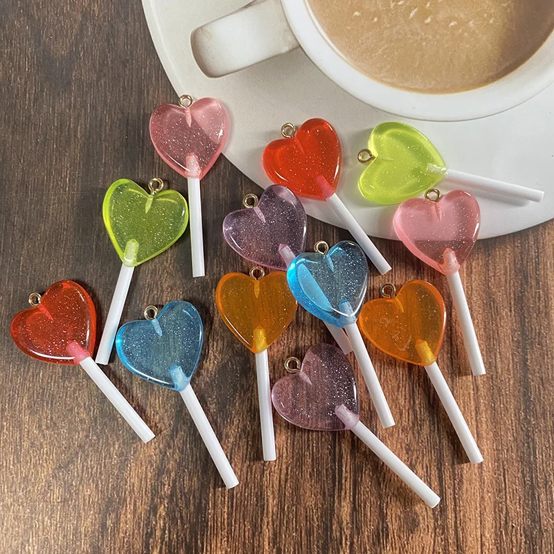 10/12pcs blingbling glittery srdce lollipop pryskyřice okouzluje imitace bonbóny přívěsek pro řetízek náušnice jeweley vytváření