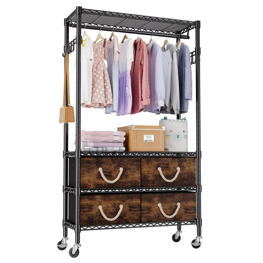 

Rack with Drawers Rolling Heavy Duty Clothing Racks for Hanging Clothes Garment Rack with 4 Fabric Drawers Adjustable with Doub