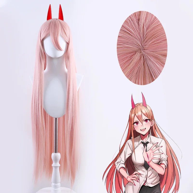 

Anime Chainsaw Man Makima Power Cosplay Wig Long Pink Heat Resistant Synthetic Hair + Horns