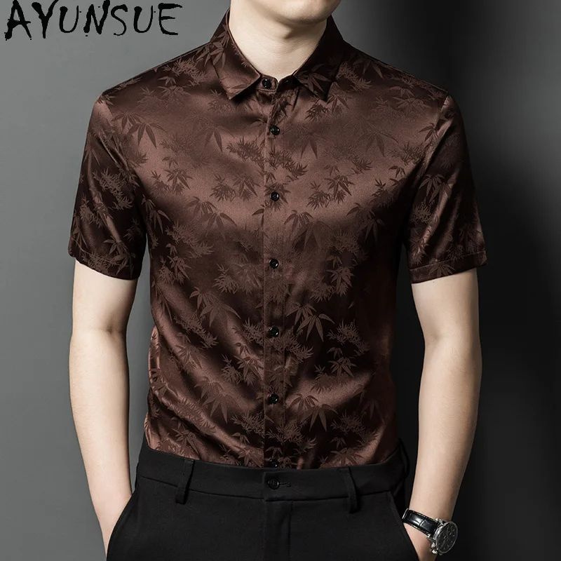 AYUNSUE 92.4% Mulberry Silk Men Shirt Mens Shirts Short Sleeves One Piece Shirt Summer Mens Clothing Ropa Hombre Fashion Tops