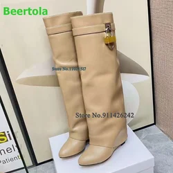 Lock Wedge Heel Knee-high Luxury Design Shark Boots For Female Women Round Toe Solid Fashion Elegant All-match Runway Shoes