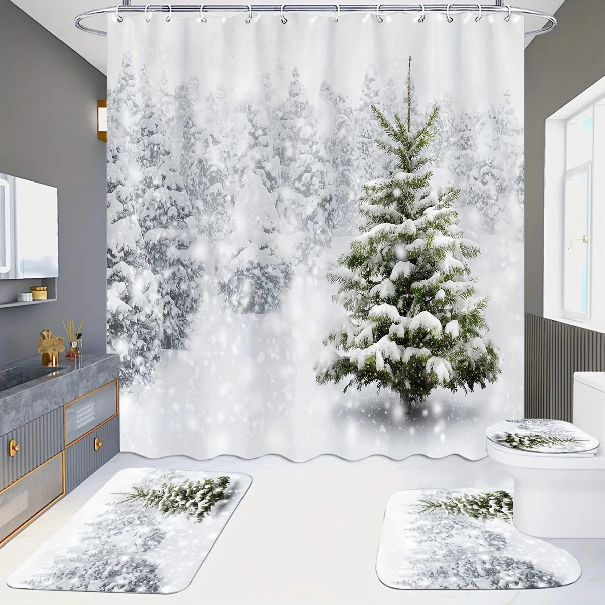 Winter Wonderland Bathroom Four-Piece Set - Featuring a Snowy Forest and Festive Christmas Tree Design, Perfect for Adding