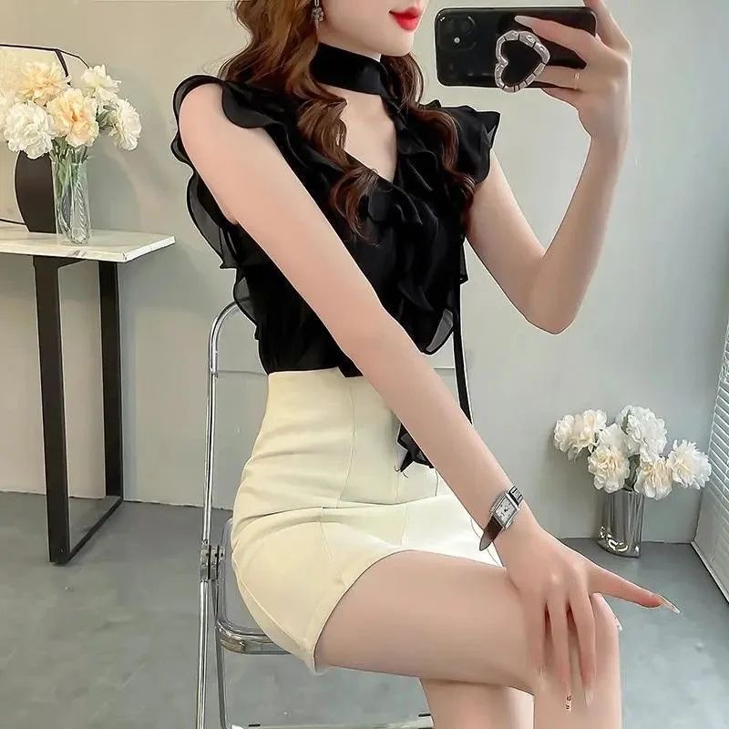 Elegant Gentle Wind Super Fairy Leaf  Sash Design Slimming Versatile Trendy Semi-Transparent Women's Top Commute Style Lo...