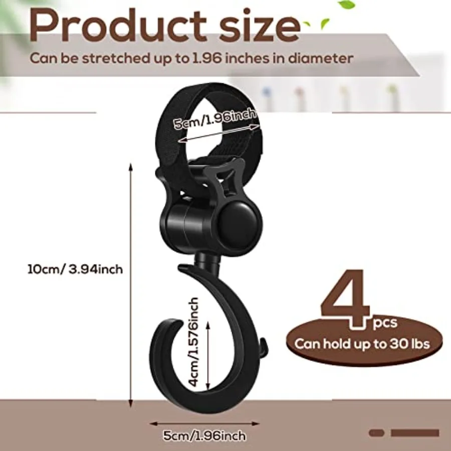 4 Pcs Walker Hooks 360° Rotation for Walker Rollator Wheelchair Stroller Folding Walker Compatible, Clip On Hanger, Bag Holder,
