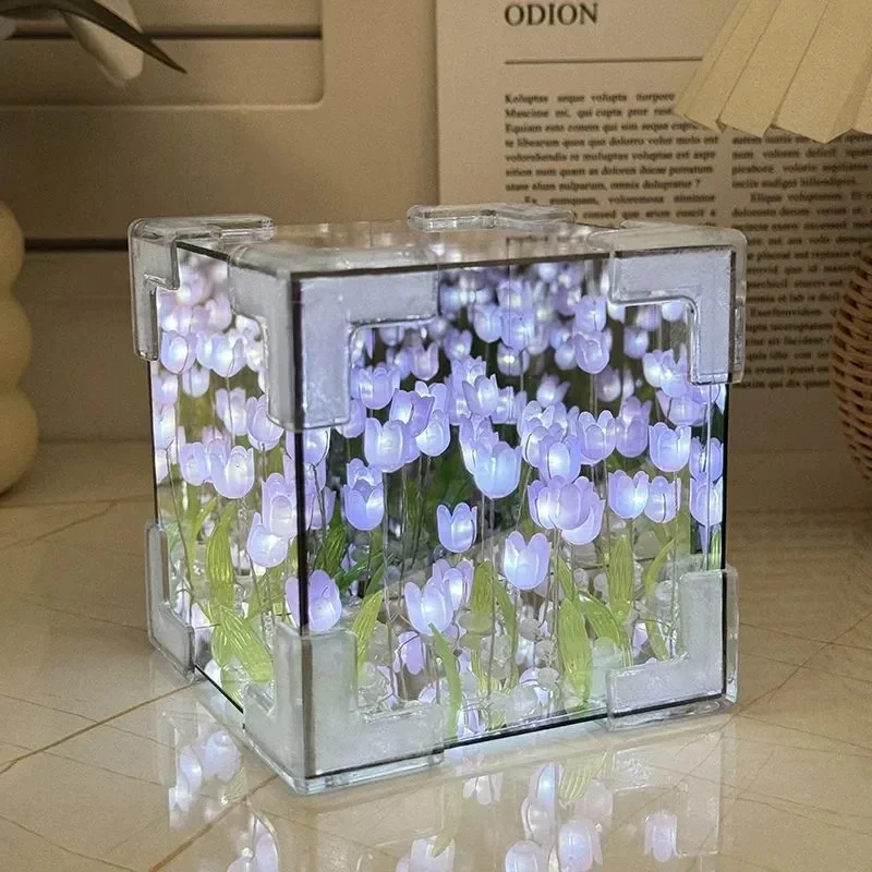 DIY Tulip Mirror Cube Lamp Simulation Flower Bedroom Sleeping Table Lamp Handmade Craft Night Light Birthday Gift