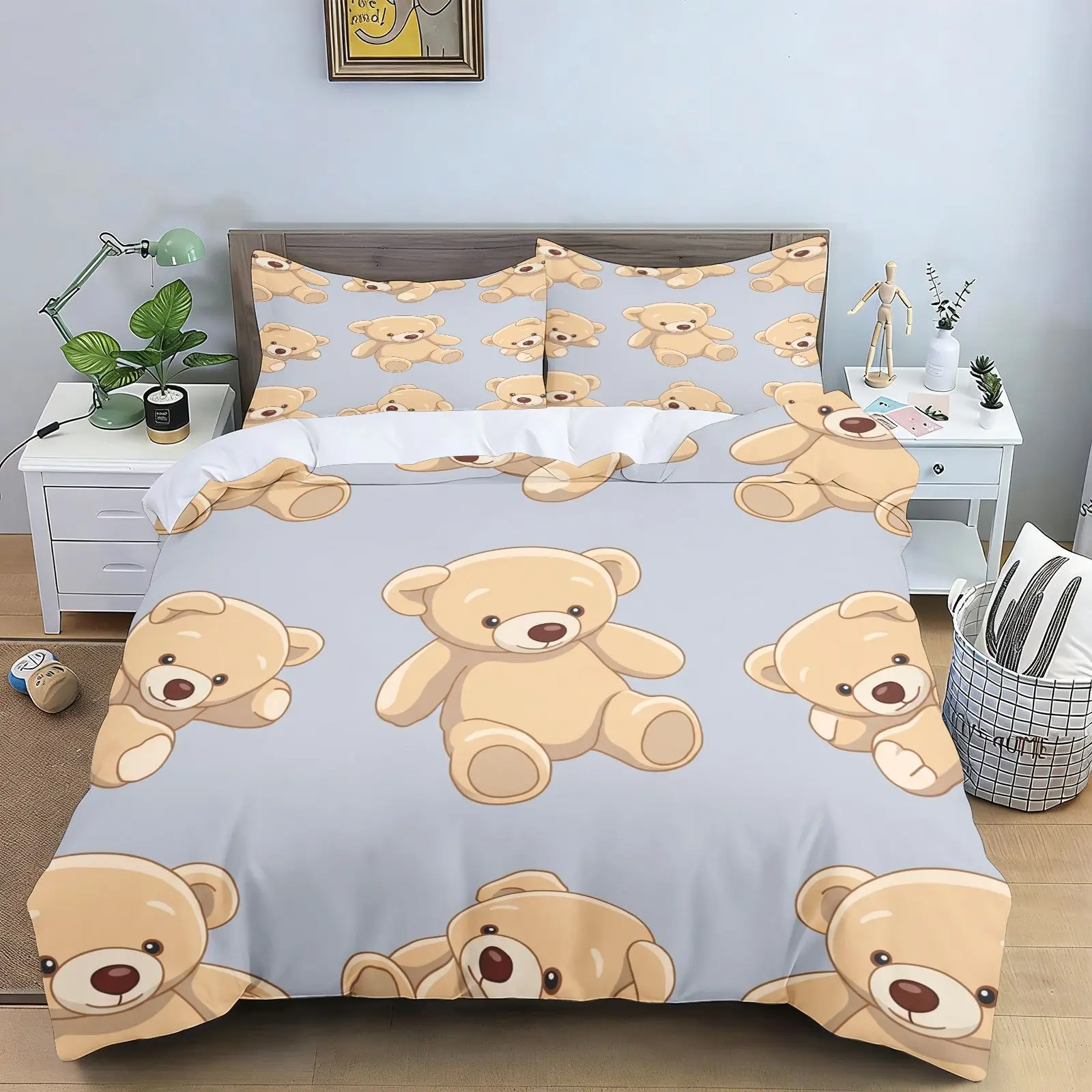 Cute Realistic Teddy Bear Duvet Cover Set 3PCS White Background Cookie Print Kids Bedding Set With Pillowcases