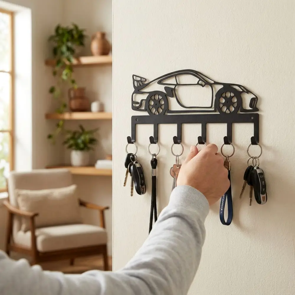 Black Minimal Metal Car Key Holder Sturdy 6 Hooks Industrial Style Sports Car Storage Hooks Pre-Drilled Holes Wrought Iron