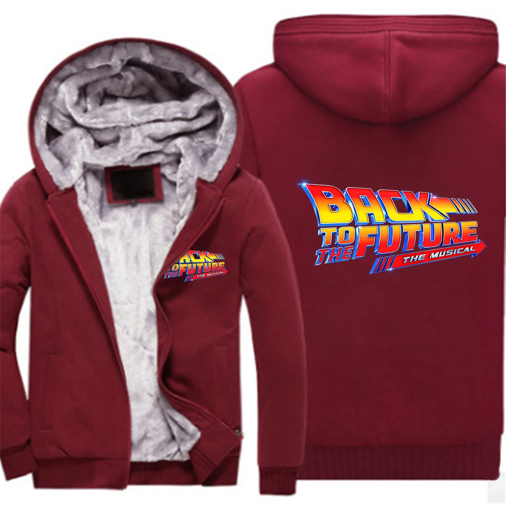 

2025 Thicken Warm Hoodies Autumn And Winter Man's Trendy Contrast Color Jacket Back To The Future Logo Print Fleece Hooded Coat
