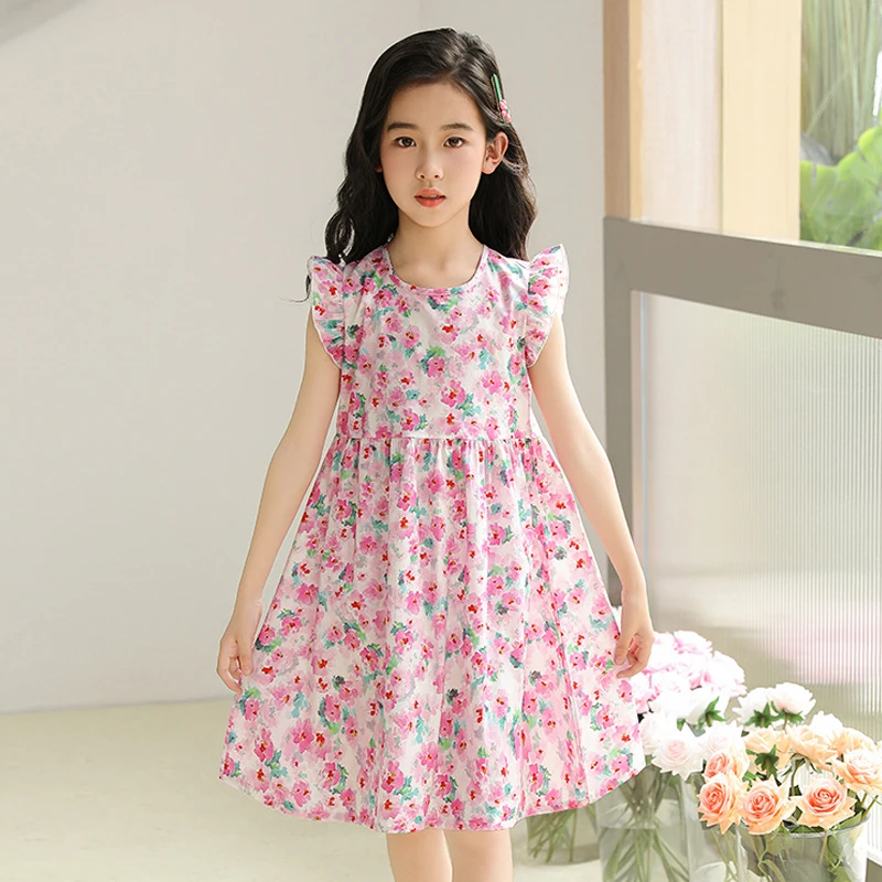 Summer New Girls Floral Dress Fashionable Loose Flying Sleeves Princess Dress Baby Children Sleeveless Dress Thin Section