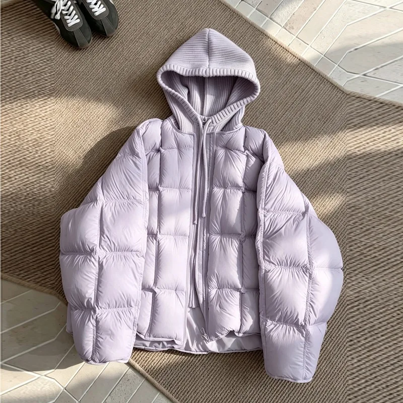 Women Parkas Knitted Hooded Puff Cotton-padded Jacket Fake Two Pieces Loose Warm Thicke Cotton Coat Female Outerwear Overcoat