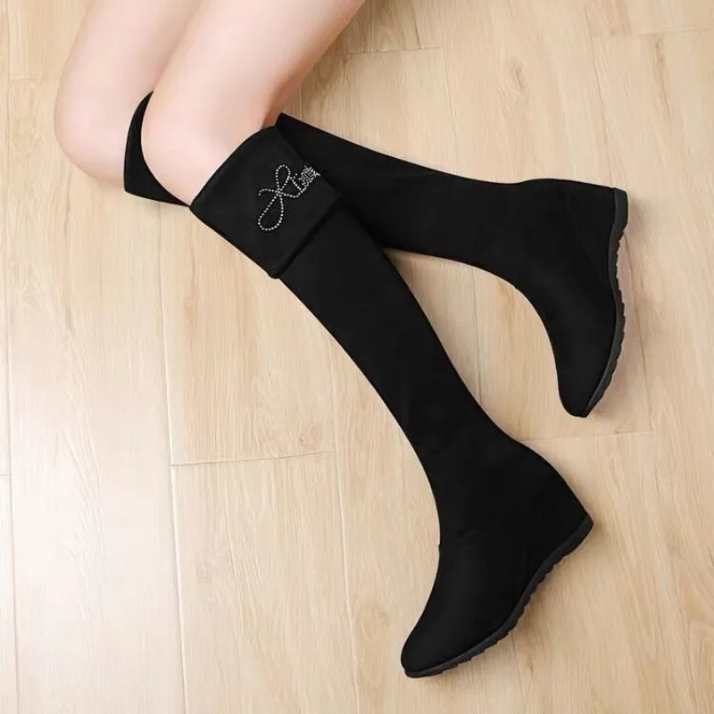 Black Above Over The Knee Thigh High Shoes for Woman Women's Boots Elastic Wedge Heel Footwear Waterproof Trend 2024 Y2k Gyaru