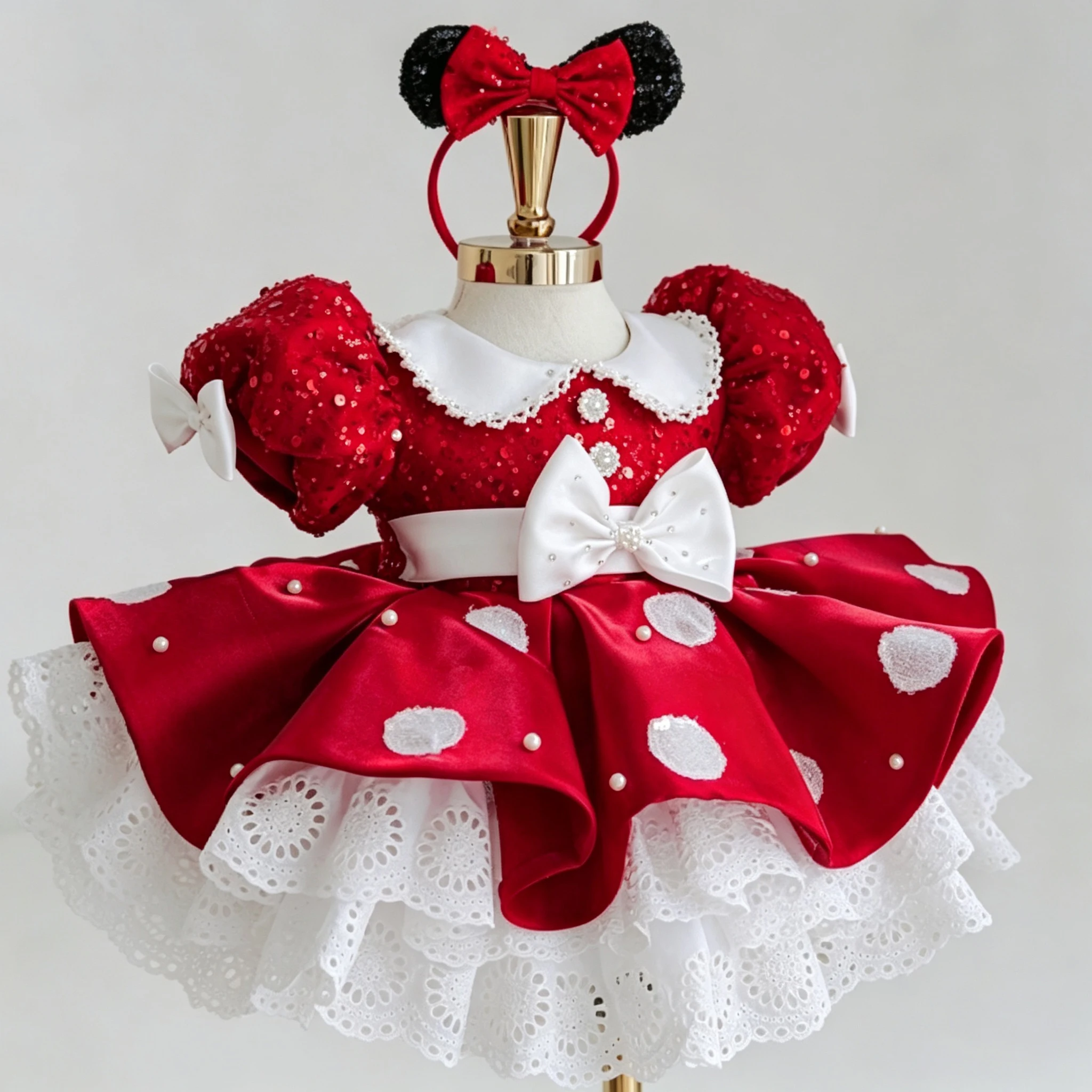 Flower Girl Dress Red Satin Baby Girl Lolita Princess Dress with Bow Headband Toddler 1st Birthday Outfit Kids Photoshoot Party