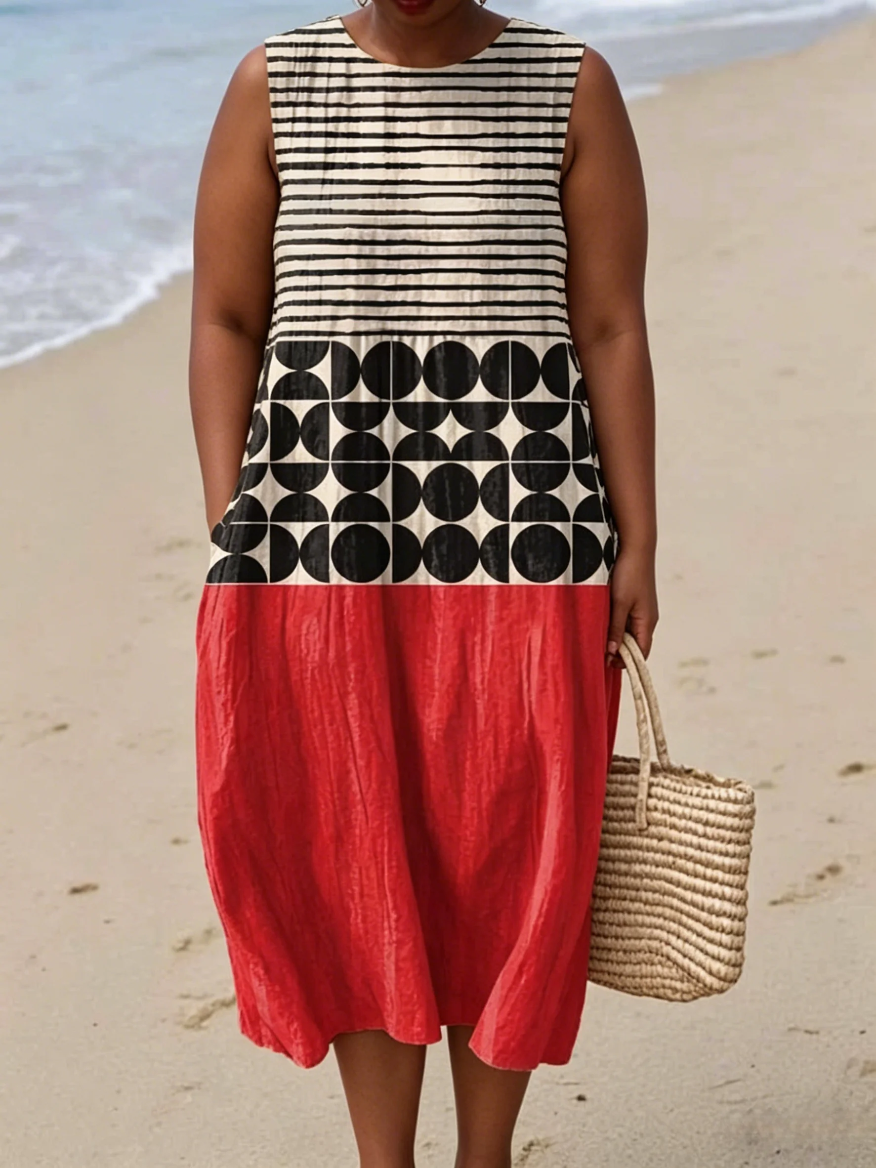 Women's Summer Dress Plus Size Vintage Abstract Geometric Dot Print Sleeveless Pocket Casual Robes Holiday 2026 Fashion Vestido