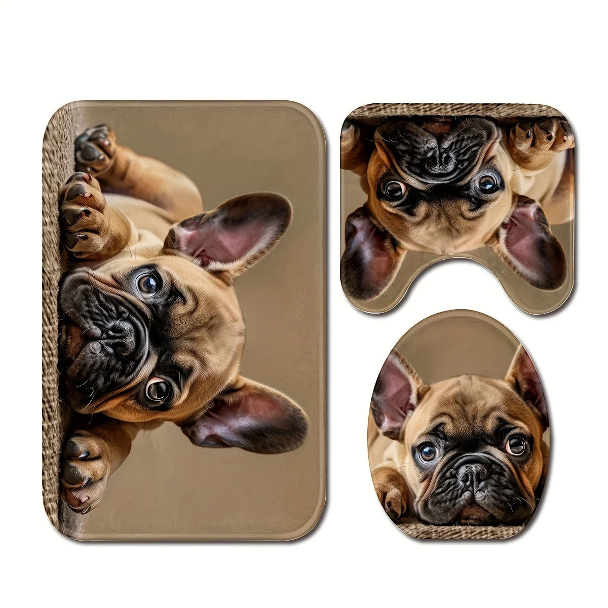 French Bulldog Pattern Bathroom Floor Mat Set 3pcs Non-Slip Absorbent Toilet Lid Cover and U-Shaped Rug