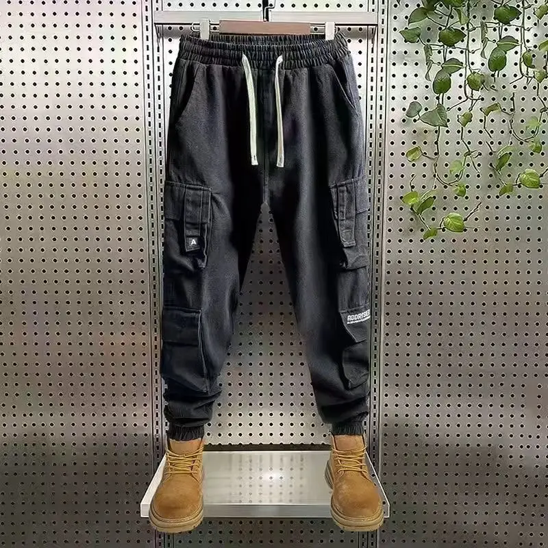 KPOP Fashion Style Harajuku Slim Fit Trousers Loose Casual All Match Sport Tether Pants Solid Pockets Thickening Cargo Pants