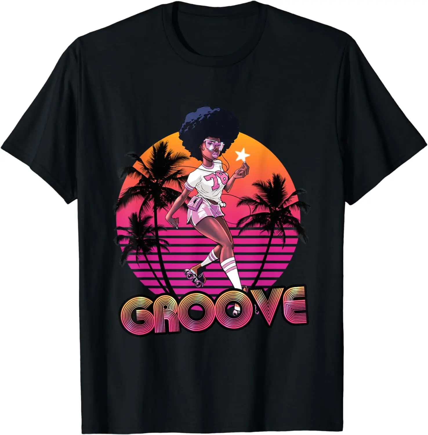 Afro Groove Roller Skate Retro 80s 70s Disco Funk Star T-Shirt