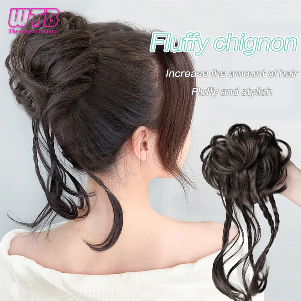 WTB Synthetic Hair Chignon Messy Curly Hair Band with braid Elastic Scrunchy False Hair Pieces For Women Hairpins Black Brown