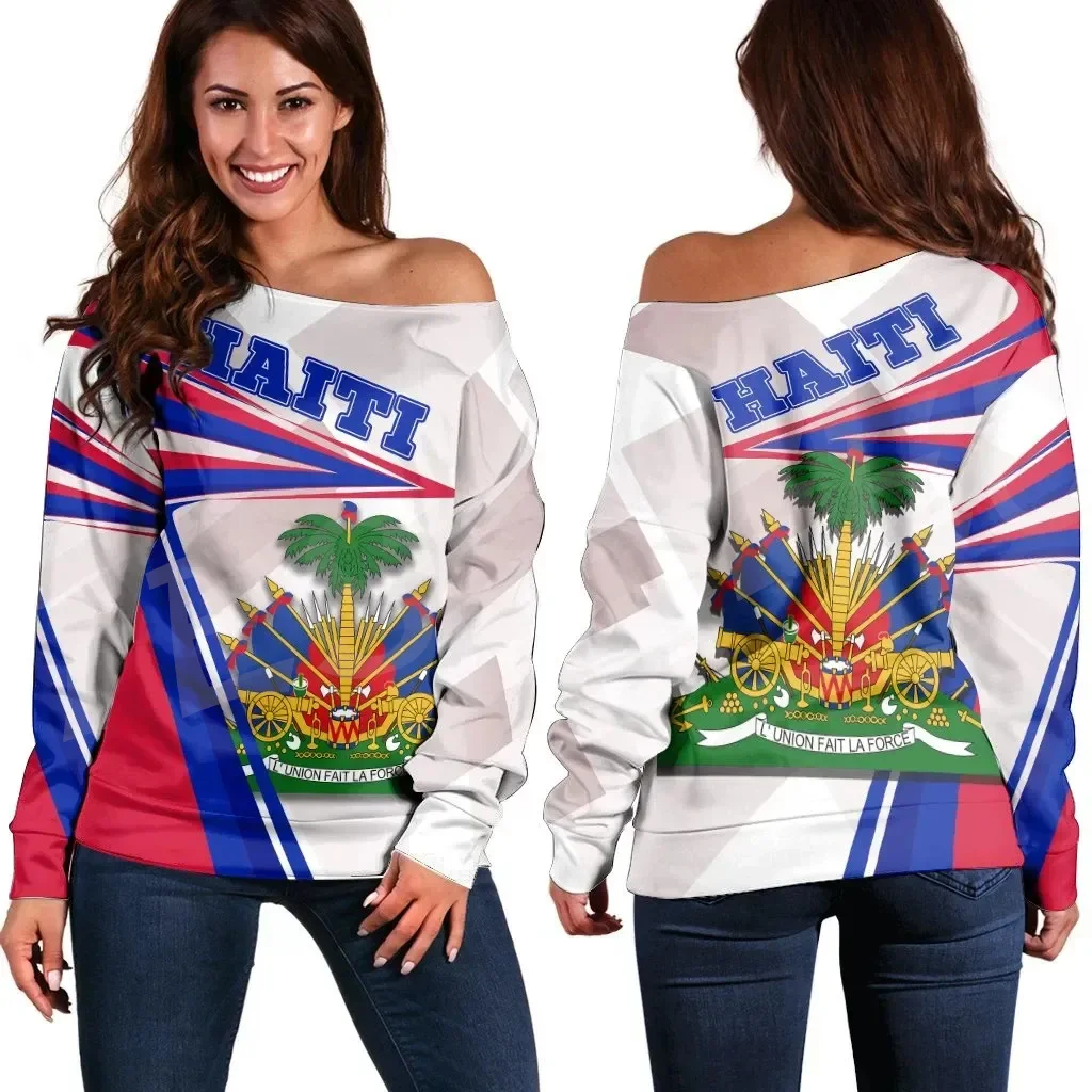 

Custom Name Country Flag Caribbean Sea Haiti Retro Vintage Tattoo 3DPrint Women Casual Off Shoulder Sweatshirts Long Sleeves X8