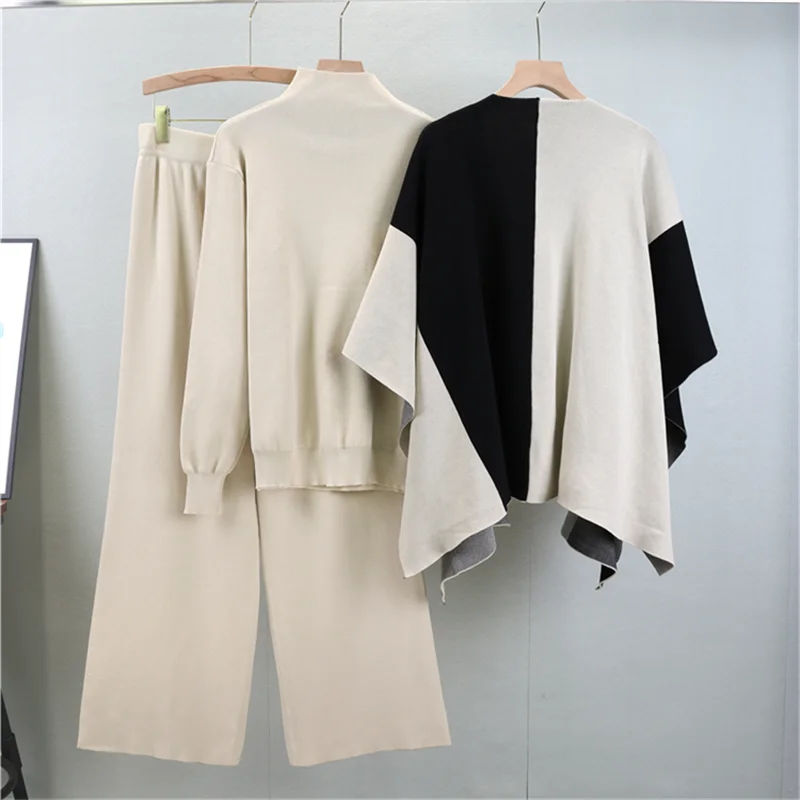 Women Clothes Knitted Three Piece Set Shawl Turtleneck Contrast Color Sweater Wide Leg Pants Loose Suit New Autumn Winter 2025