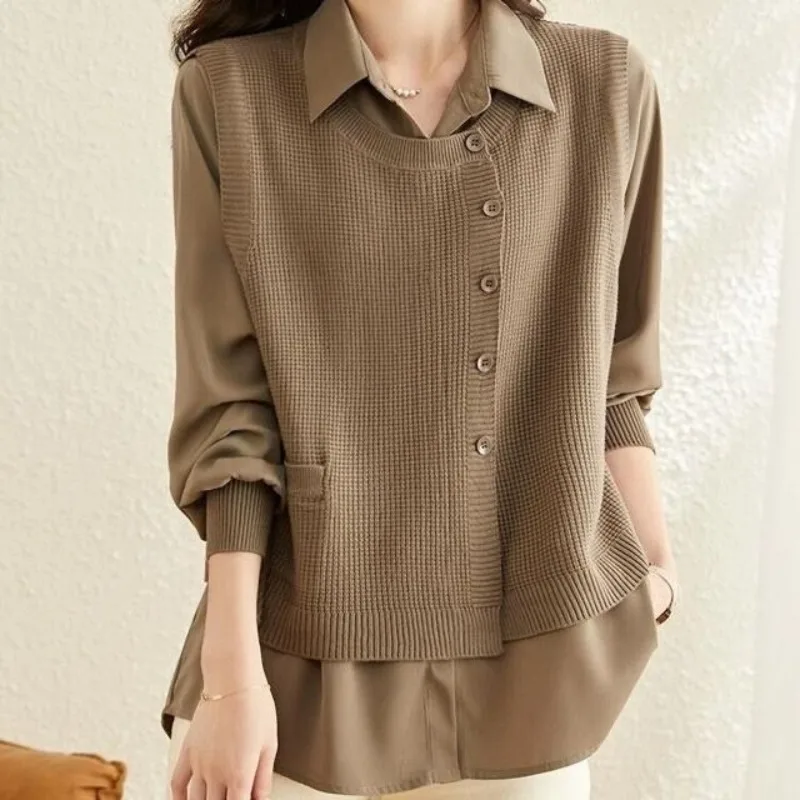 Spring and Autumn Women\'s Polo Neck Solid Button Spliced Sweater Knitted Long Sleeve Shirt Fashion Elegant Casual Commuter Tops