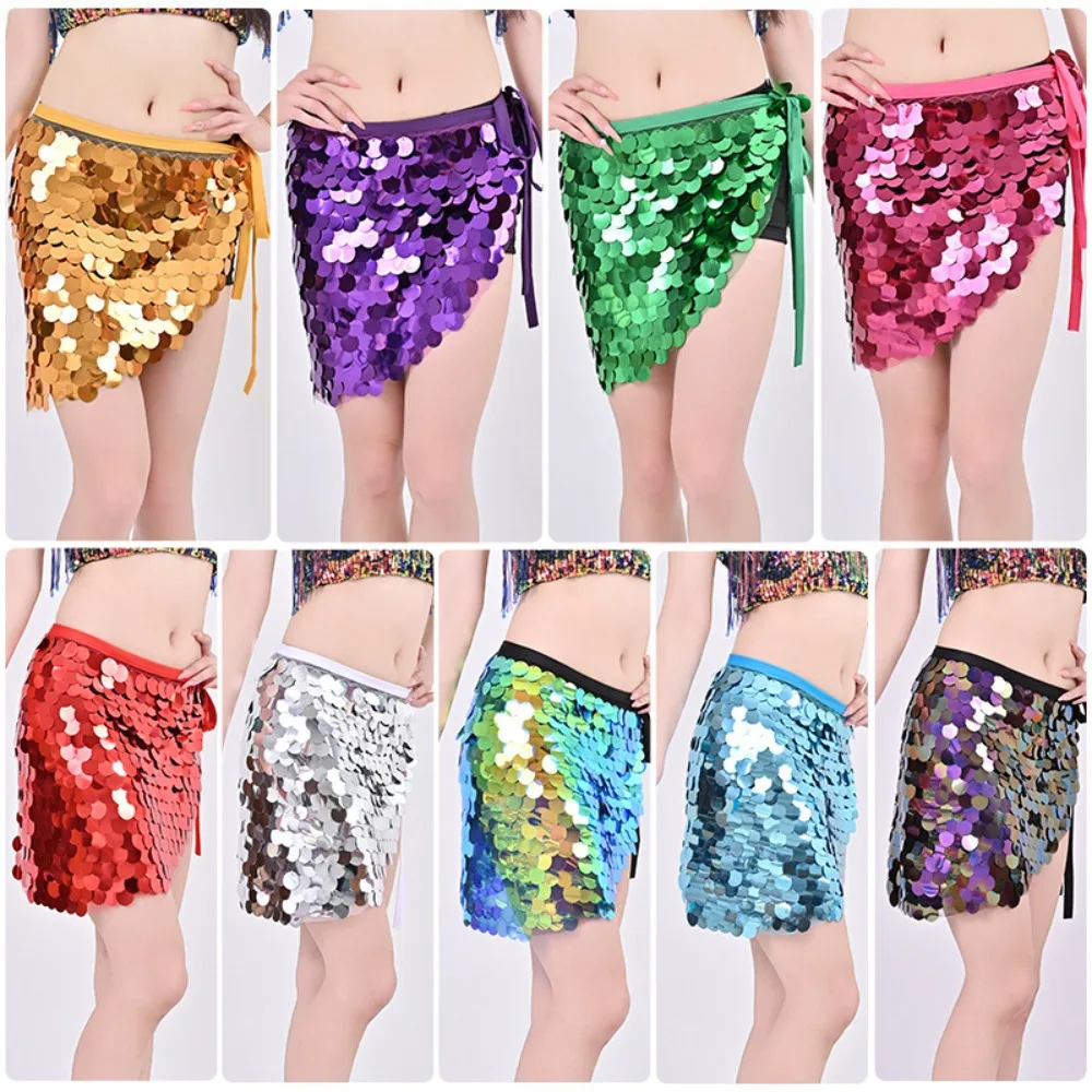 Womens Belly Dance Hip Scarf Wrap Belt Sparkly Mermaid Sequins Lace-up Waist Skirt Festival Dance Stage Performance Costumes