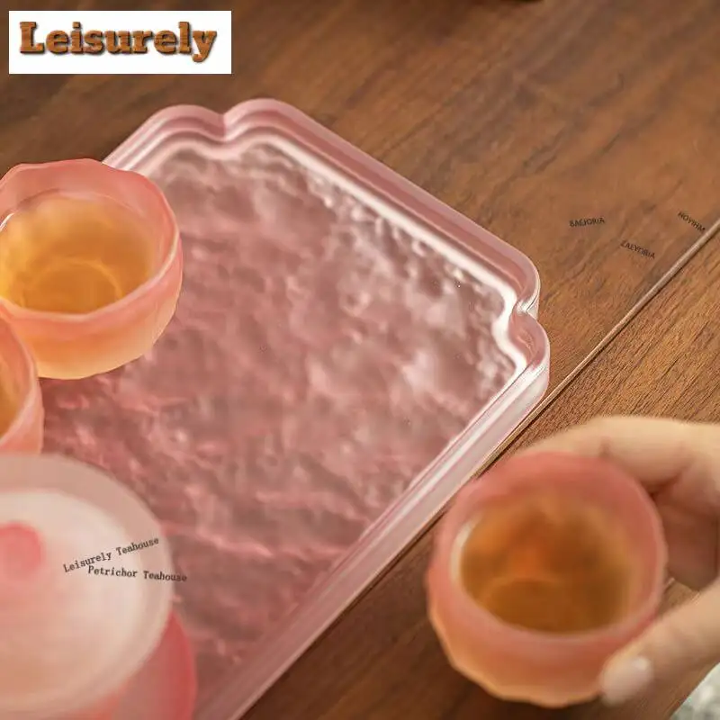 Pink Mist Lotus Pond Moonlight Glass Tea Tray Japanese Cuisine Table Coffee Storage Board Teapot Support Dishes Tea Set Gifts