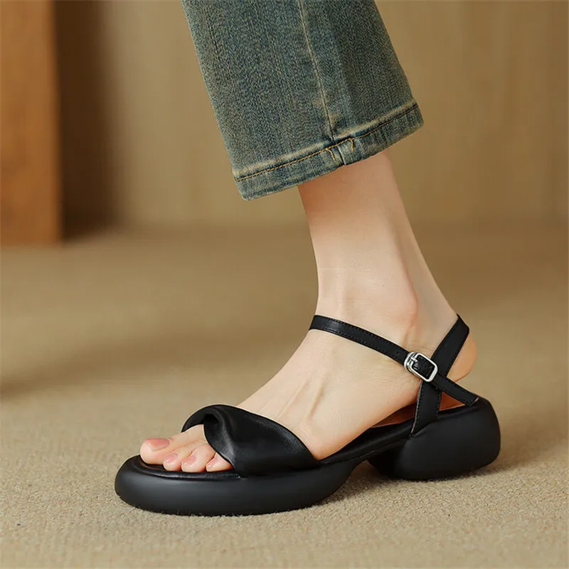 New Summer Sandals Split Leather Roman Sandals Casual Buckle Strap Summer Shoes for Women Chunky Heel Women Shoes Zapatos Mujer