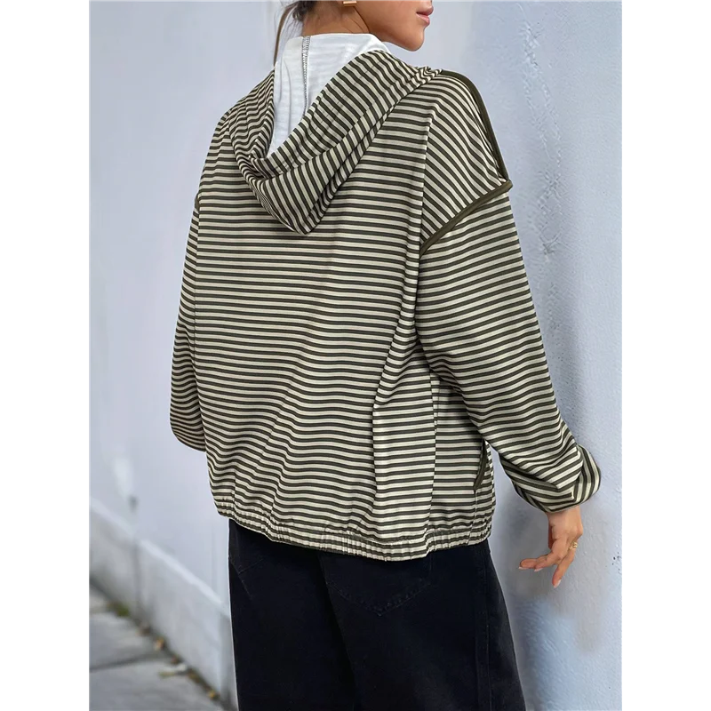 

ABP-1PCS Striped Hooded Jacket Women Summer Loose Thin Cardigan Small Size Long Sleeve Top