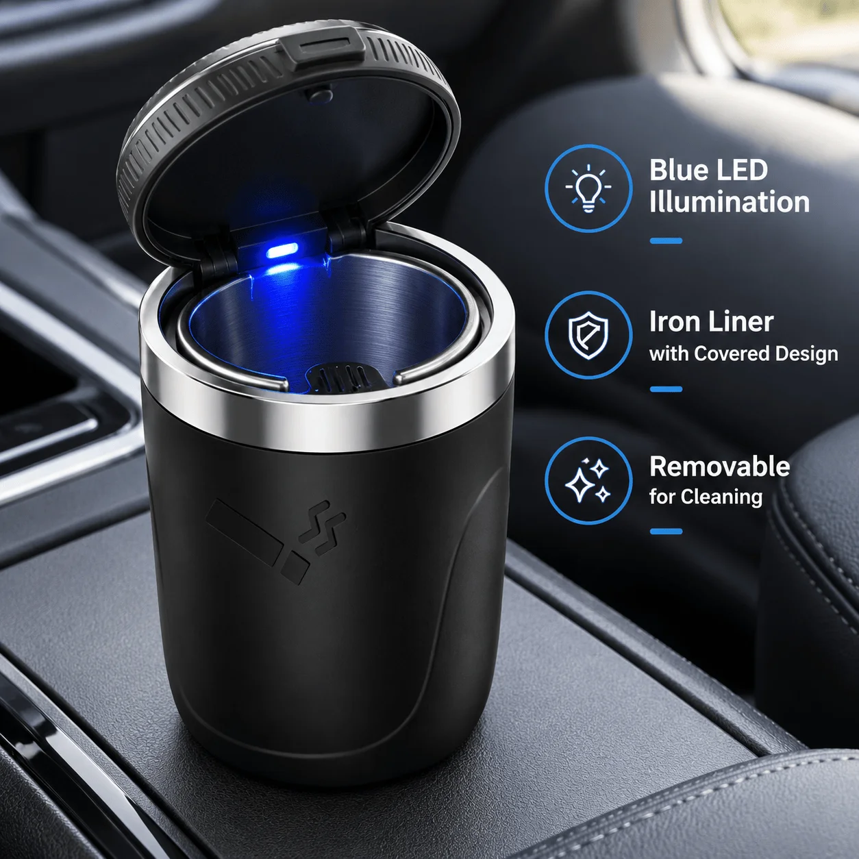 Iron Liner Car Ashtray with Blue LED Light and Lid, Removable Washable Auto Cigarette Ash Holder with Built-In Cigarette Extinguishing Port for Vehicle Interiors, Easy to Disassemble and Clean, 10 x 7 cm, Black, Blue or Red, 1PC