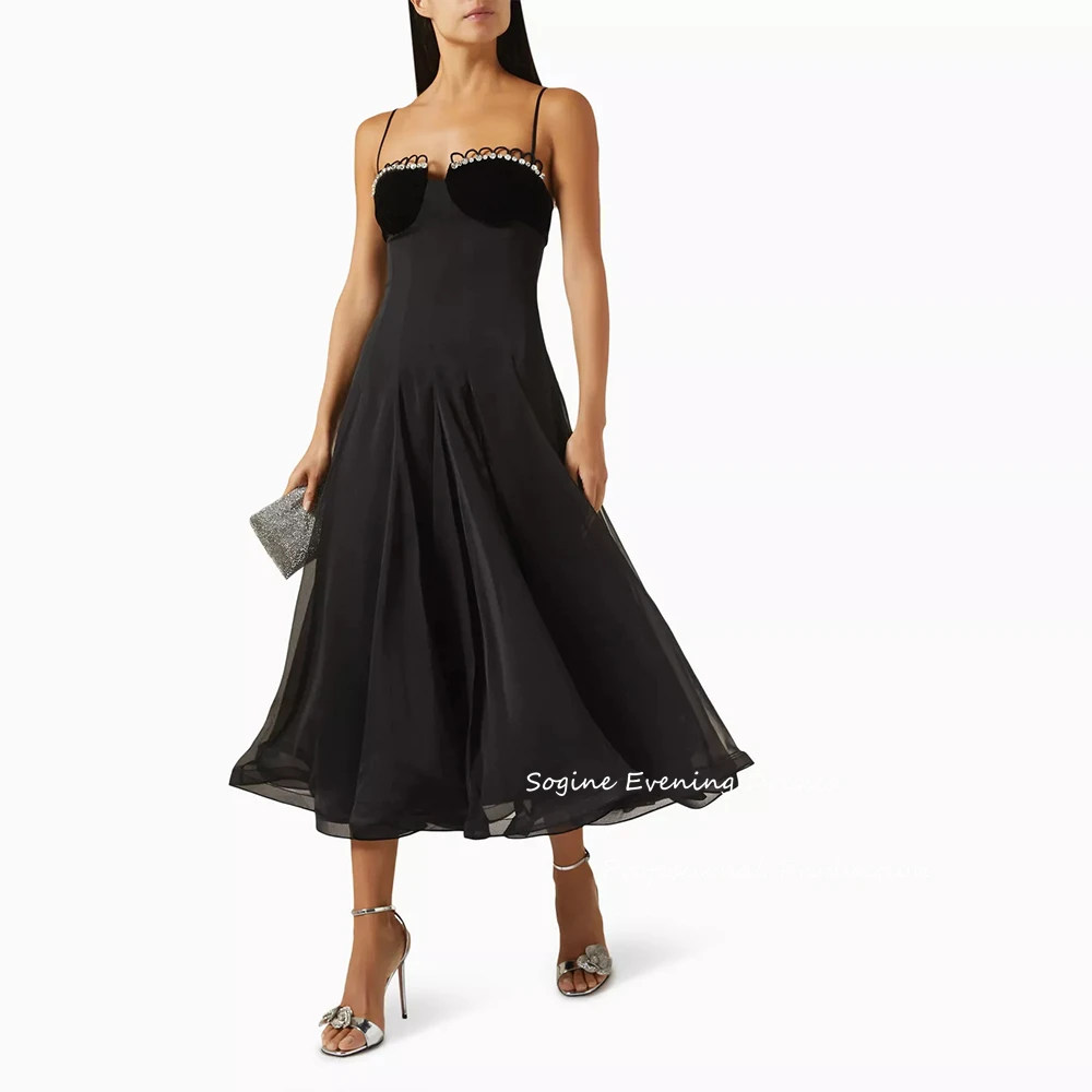 Spaghetti Strap Evening Dresses For Sexy Women Crystal-Trim Midi Dress A-Line فساتين سهرة Cocktail Party Gowns