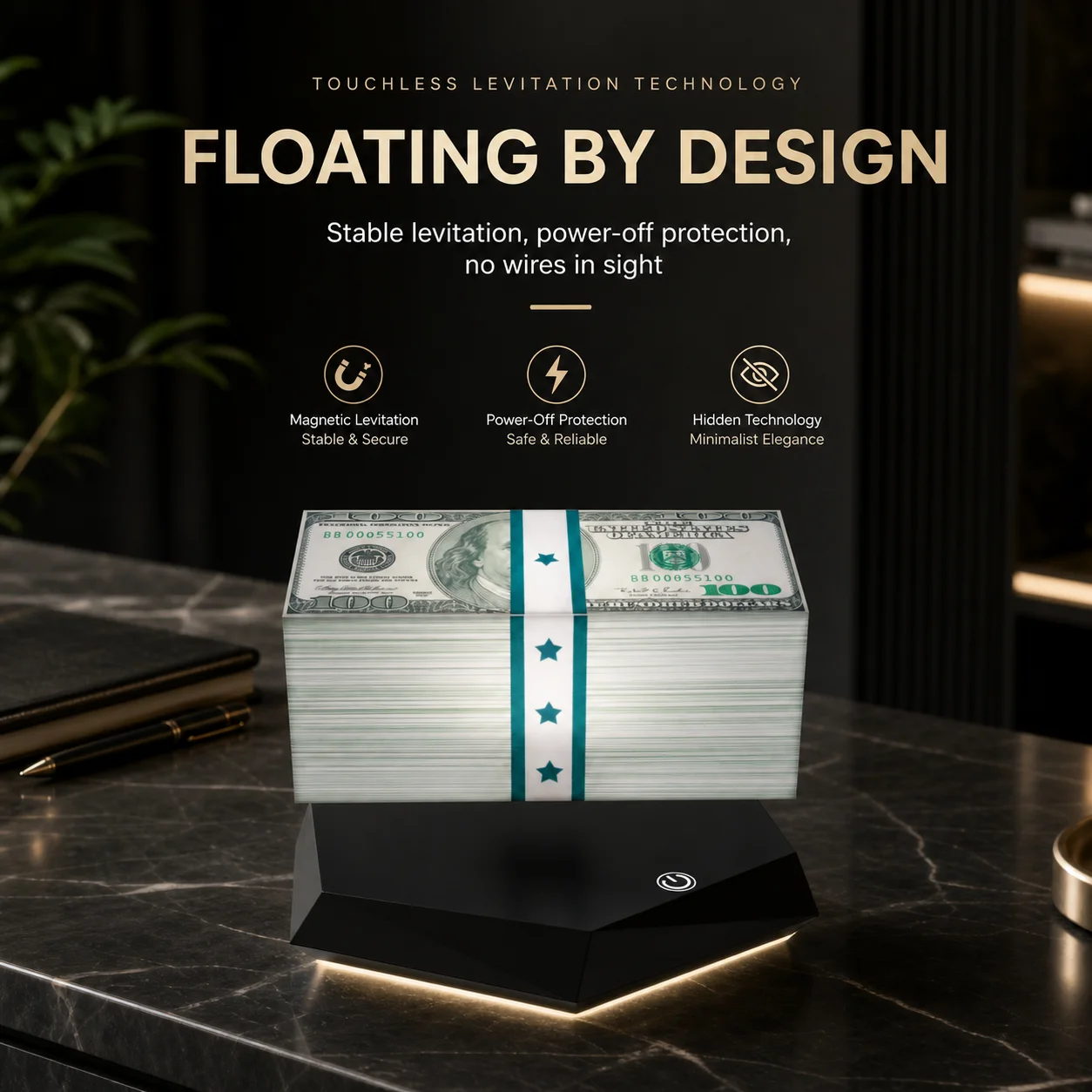 WWPPU Magnetic Levitation Floating Cash Lamp 3 Colors Touch Dimming Money Lamp Power Off Protection Sconce Office Desk Light