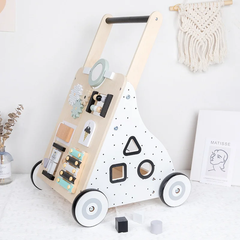 Wooden 2 In 1 Early Education Walker For Baby Multifunctional Baby Walk Learning Anti Rollover Trolley Light Educational Toy