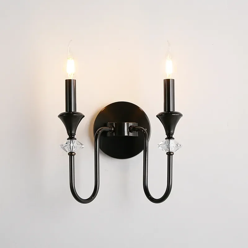 Vintage French Style Crystal Wall Lamp Solid Copper Fixture for Bedroom Bedside Modern Black Living Room Background Aisle
