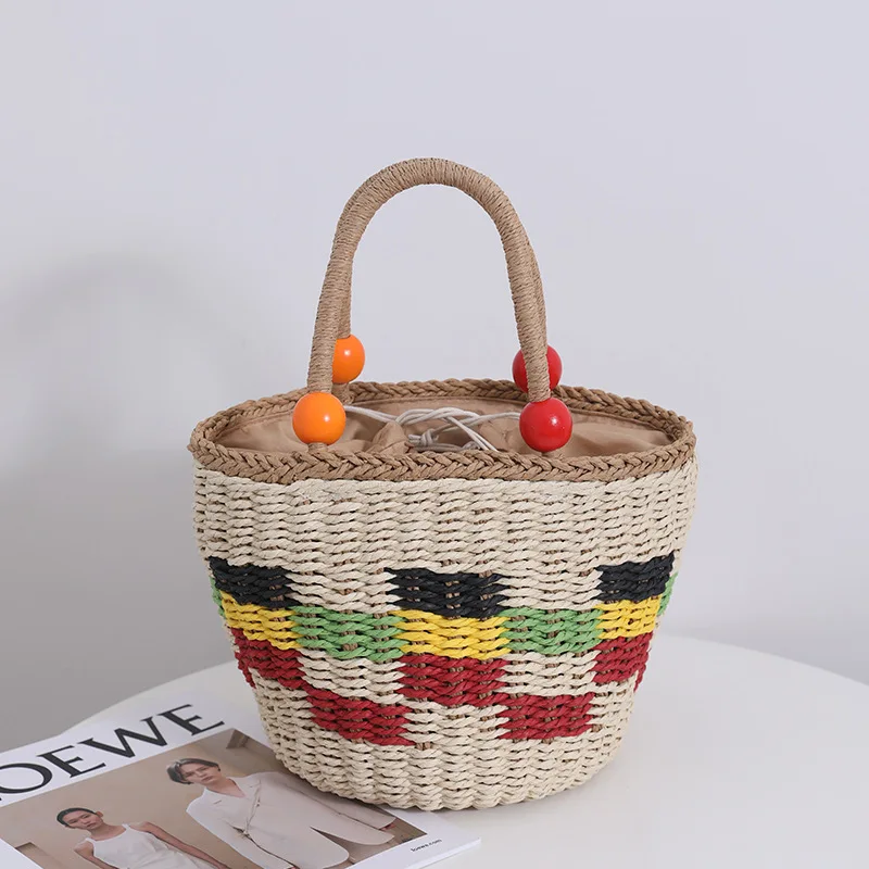 Cute Wooden Bead Handle Straw Designer Bags Fresh Color Plaid Hand Woven Top-handle Bag Fruit Picnic Basket Handbag