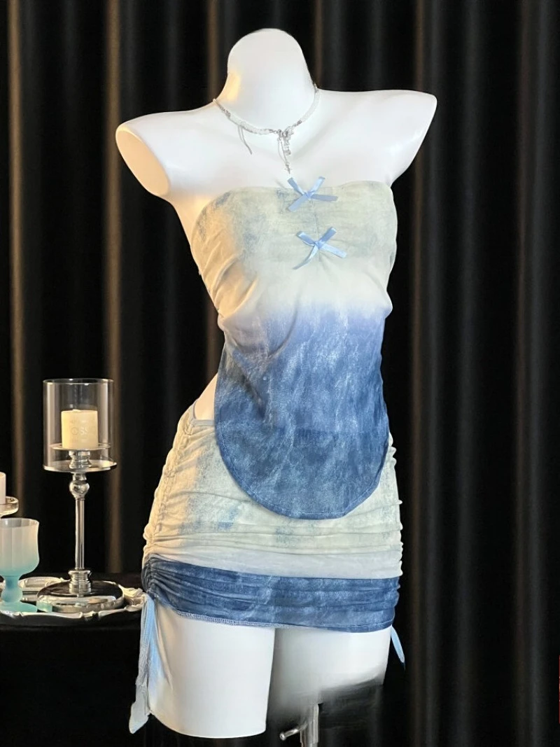 Pure Desire Indigo strapless rugloze jurk, transparant geplooid uniform, verleidelijke verleidelijke stijl romantische date-avonden voor dames