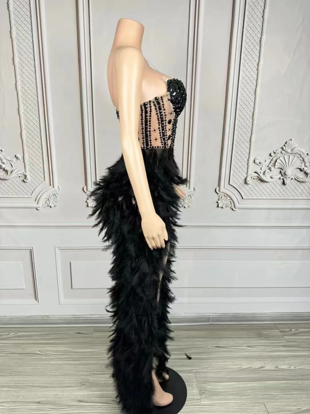 سباركلي أحجار الراين اللؤلؤ الريش فستان طويل المرأة مثير شبكة انظر من خلال عيد ميلاد احتفال مساء حفلة موسيقية فستان صورة تبادل لاطلاق النار ارتداء