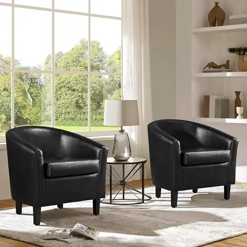 Accent Chairs Set of 2, Faux Leather Barrel Armchairs White | Water-resistant Faux Leather Chairs with High-density