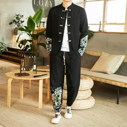 Chinese Style Retro Tang Suit Cotton Linen Patchwork Suit Plus Size Printed Hanfu Men Clothing 2023 Print Clothes 5XL Male