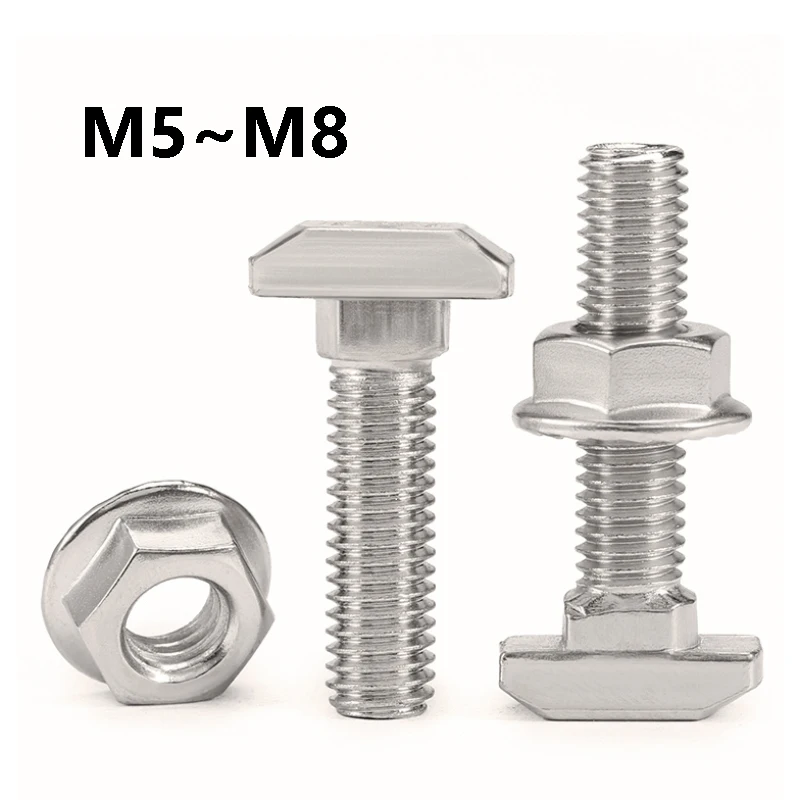 1~5Pcs Carbon Steel T Hammer Head T Bolts M5 M6 M8 T Bolt Screw and Hexagon Flange Nut Nickel Plated for T-Slot Aluminum Profile