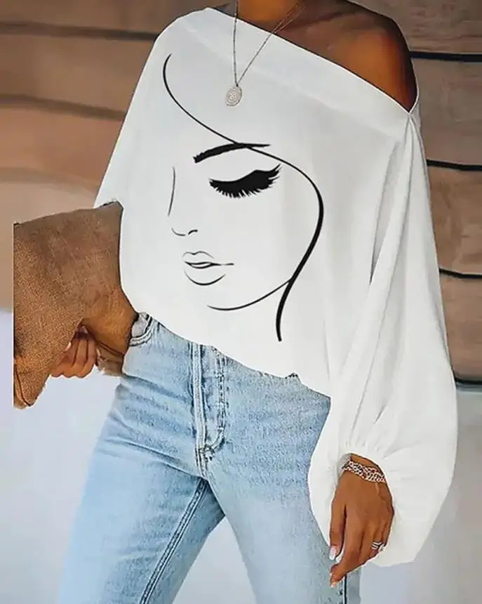 Fashion Woman Blouses 2022 Abstract Figure Print Lantern Sleeve Top Elegant Long Sleeve Shirt Oversized Loose Daily Streetwear