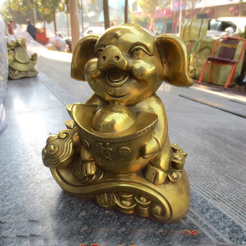 TOP GOOD # HOME Shop lobby  Business Money Drawing Good luck Yuanbao GOLD Fortune pig FENG SHUI BRASS Sculpture Statue