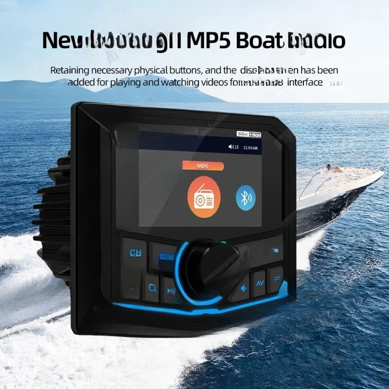MP5 Boat Radio Bluetooth FM AM EQ Marine Stereo Waterproof IPX5 AUX Square Black Universal Media Player for RV UTV ATV SPA RZR