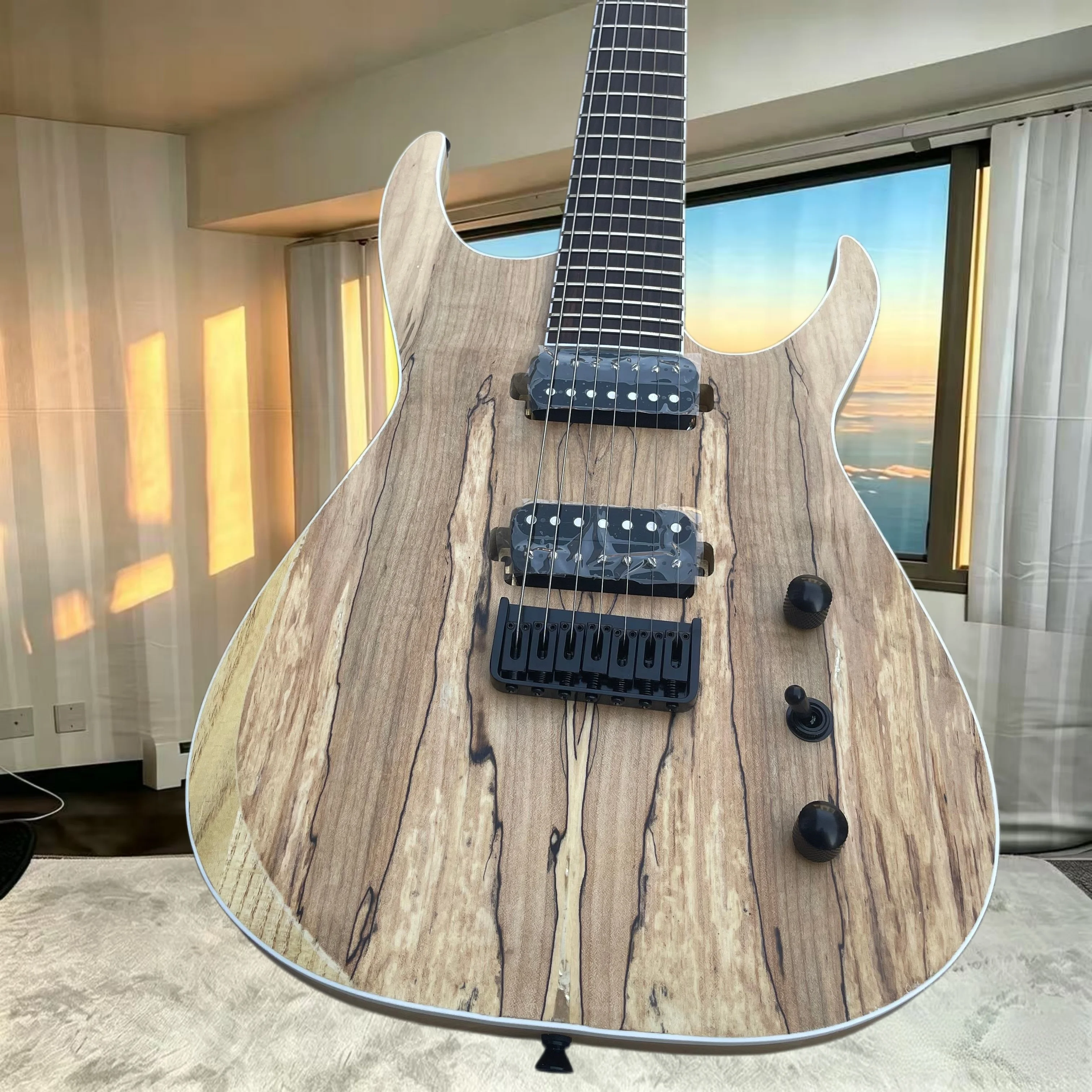 7‑String ESPO Modern Double‑Cut Spalted Maple Top Electric Guitar HH Pickup String‑Through Bridge Djent Progressive‑Metal Stage