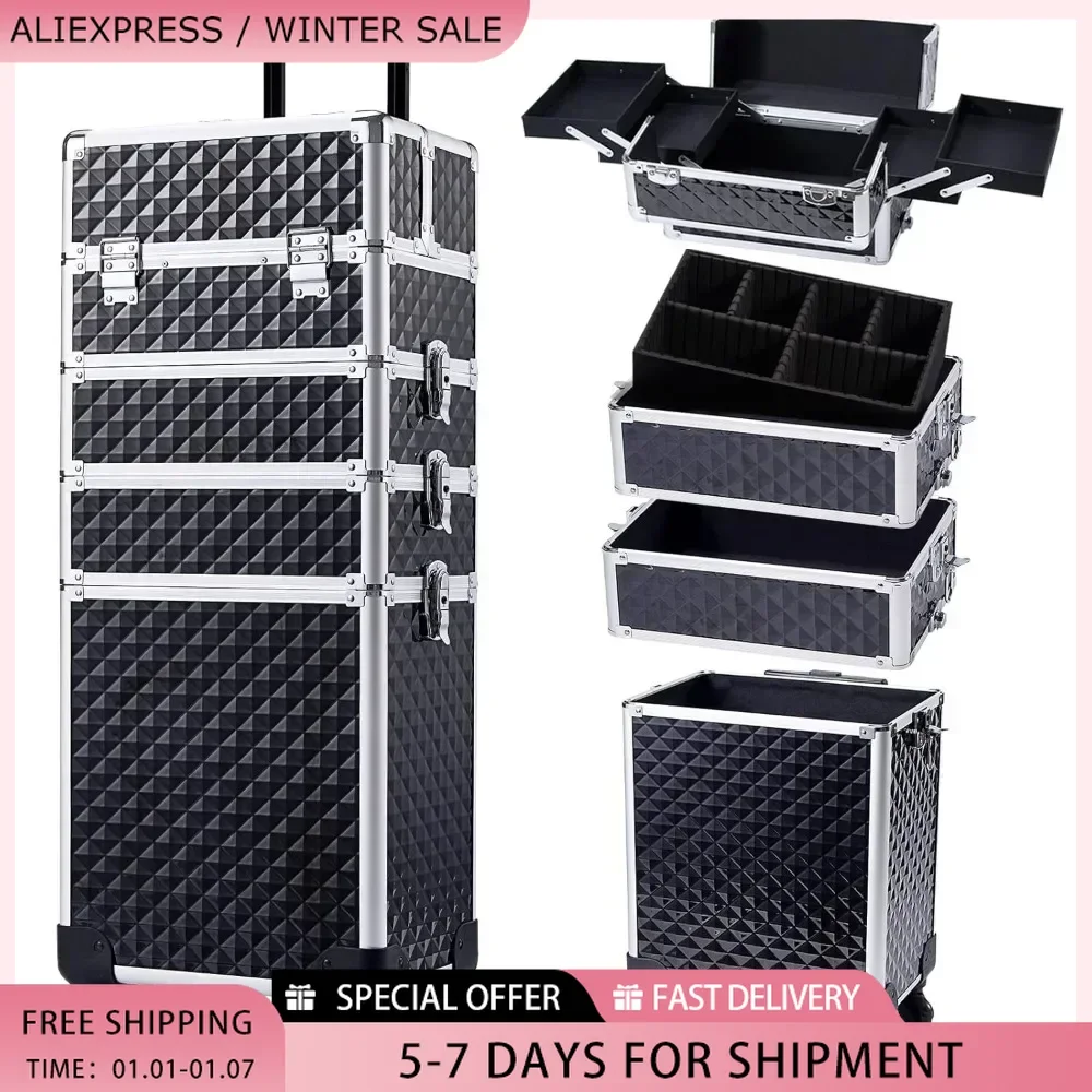 Rolling Makeup Train Case Large Storage Cosmetic Trolley with Key Swivel Wheels 4 in 1 Large Capacity Trolley Makeup Travel Case