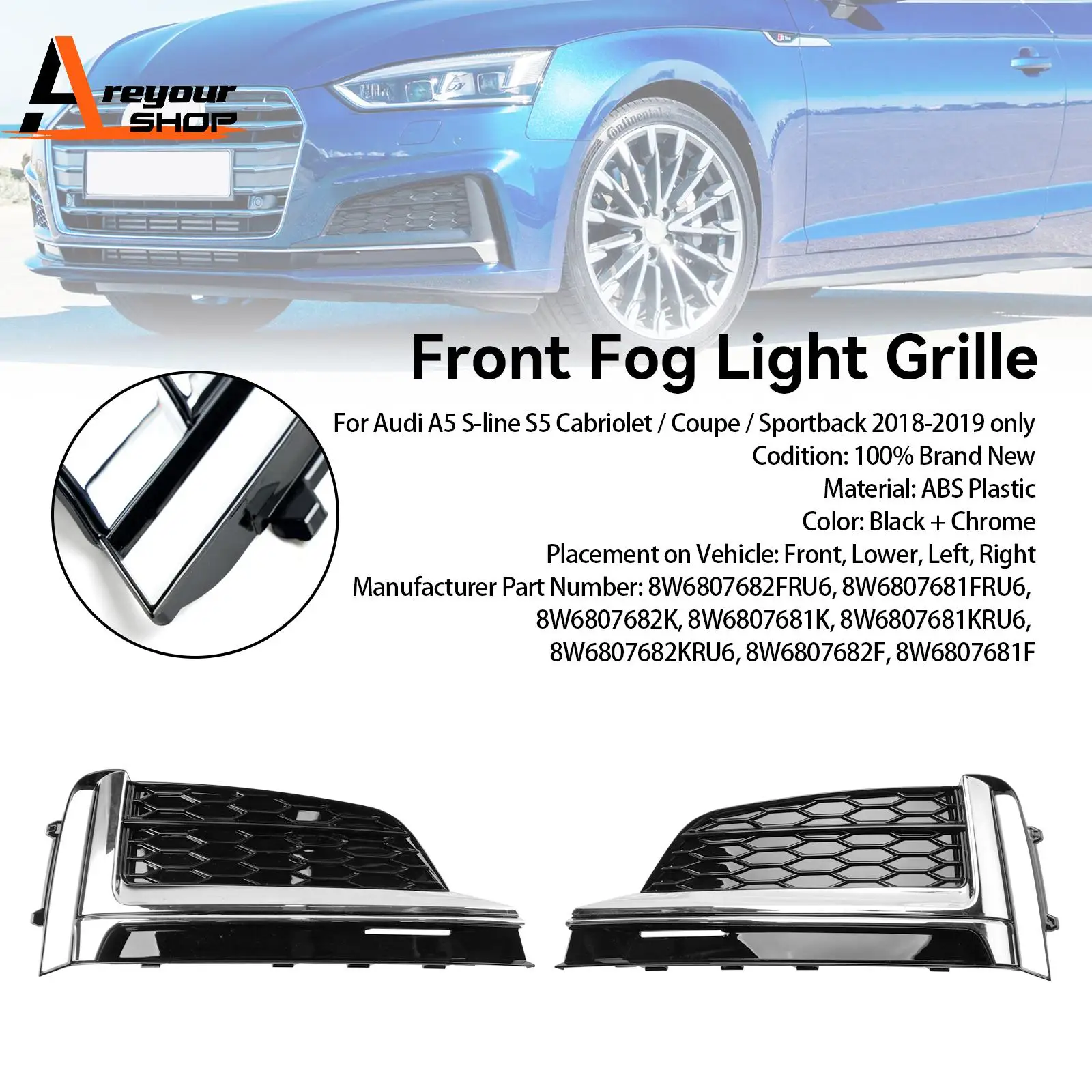 

2PCS Front Bumper Fog Light Grille Cover Trim Fit for Audi S5 A5 S-Line 2018-2019