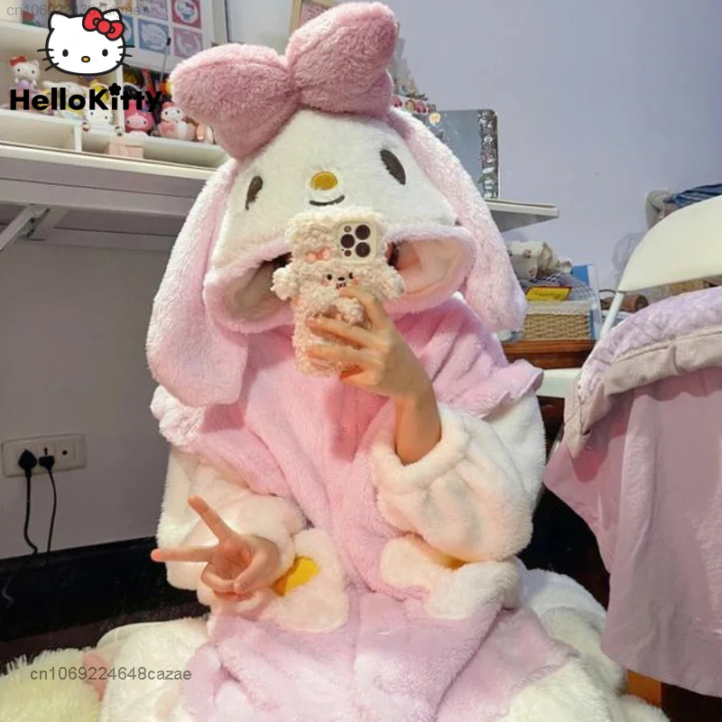 Sanrio Melody Plush Robes Y2k Cartoon Soft Pink Nightgown Hooded Women Cardigan Fluffy Long Pajamas Female Kawaii Home Clothes